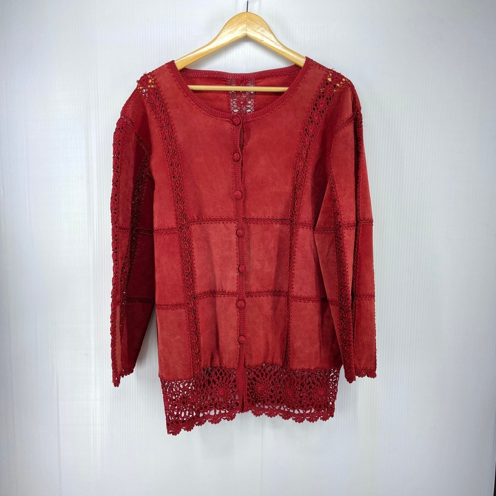 Red Suede Leather Crochet Knit Patchwork Mid Length Jacket Coat Womens M L
